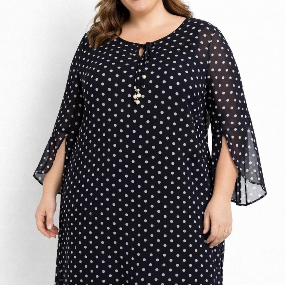 Womens Navy/White Polkadots Midi Dress 3/4 Bell Sleeve Lined Size 20 Work Career